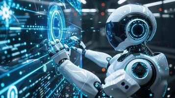 Futuristic Robot Interacting with a Holographic Interface in a High-Tech Environment photo