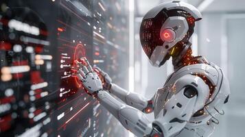 Futuristic Robot Interacting with Holographic Interface in Advanced Technology Environment photo