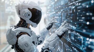 Futuristic Robot Interacting With a Holographic Interface in a Modern Tech Environment photo