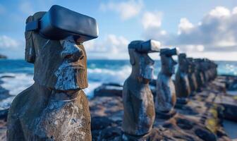 Row Of Ancient Moai Statues Wearing VR Headsets Against Oceanic Backdrop photo