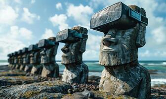 Row of Ancient Moai Statues Wearing Virtual Reality Headsets by the Ocean photo