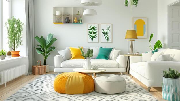 moderno escandinavo vivo habitación con vibrante acentos y interior plantas foto