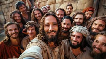 Artistic Representation of Jesus Christ Taking a Selfie With His Disciples in Joyful Group Moment photo