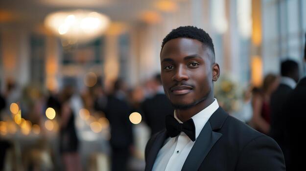 Confident Man in Tuxedo at Elegant Social Event with Soft Lighting photo