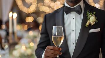 Elegant Black Man in Tuxedo Holding Champagne at Formal Event with Bokeh Lights photo