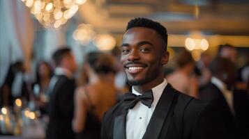 Smartly Dressed Man Smiling Confidently at Formal Event in Elegant Setting photo