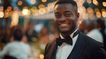 Smartly Dressed Man in Tuxedo Smiling at Elegant Outdoor Event photo