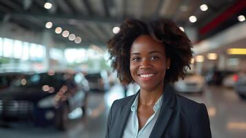 Smiling Young Woman in a Suit Standing in a Car Dealership photo