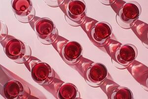 Top View of Multiple Glasses of Red Wine on a Pink Background photo