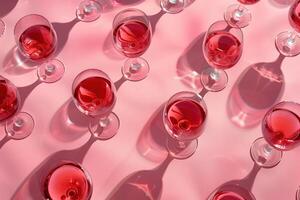Multiple Glasses of Red Wine Arranged on a Pink Background photo