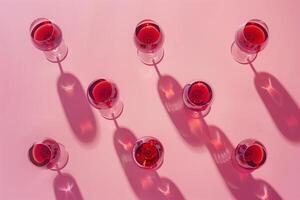 Elegant Red Wine Glasses Arranged Over a Pink Background Casting Shadows photo