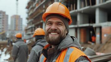 Smiling Construction Worker in Safety Gear at Building Site with Colleagues photo