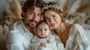 Happy Young Family Posing Together With Their Baby in a Heartwarming Portrait photo