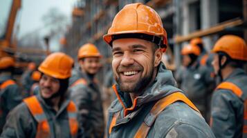 Group of Construction Workers Smiling at Job Site in Safety Gear photo