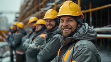 Smiling Team of Construction Workers in Hard Hats on a Winter Day at a Building Site photo