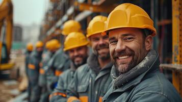 Happy Construction Workers in Uniform Smiling on a Job Site photo