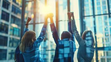 Team of Mixed Enterprise Architects Celebrating Success in Modern Office Building photo