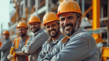 Happy Construction Workers Smiling Together at a Job Site in Uniforms photo