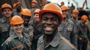 Smiling Construction Workers Team in Safety Gear on Construction Site photo
