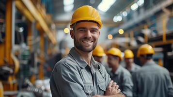Smiling Construction Worker in Safety Gear with Team in Industrial Setting photo