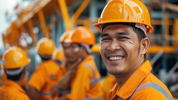 Smiling Construction Workers in Safety Gear at Worksite photo
