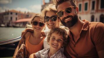 Warm Sunlit Photograph Of A Happy Family Of Four Enjoying Vacation On A Boat photo