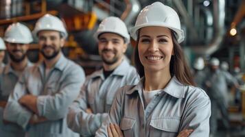Team of Smiling Workers in Hard Hats Posing in Industrial Facility photo