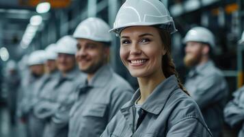 Happy Team of Factory Workers Smiling in Industrial Setting photo
