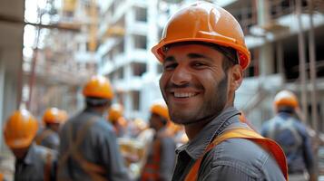 Group of Happy Construction Workers Smiling on Site photo