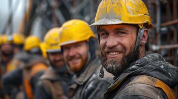 Team of Smiling Construction Workers in Safety Helmets at Worksite photo