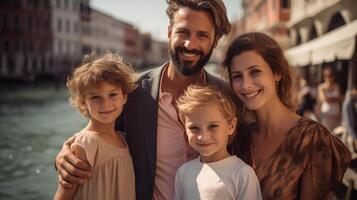 Warm Sunlit Photograph of a Happy Family of Four Smiling Outdoors photo