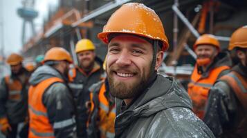 Cheerful Construction Workers Smiling in Winter Weather on a Busy Site photo