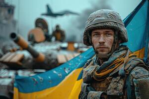 Courageous Soldier In Combat Gear Standing Before a Tank and Warplane photo