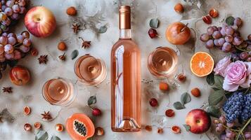 Top Shot of Rose Wine Bottle with Glasses and Fresh Fruits on Rustic Background photo