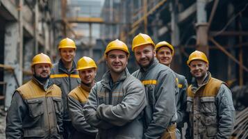 Confident Team Of Construction Workers Smiling On Job Site In Hard Hats photo