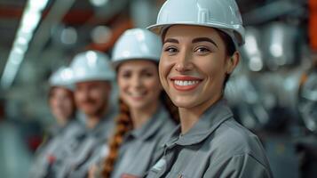 Smiling Team of Industrial Workers Wearing Safety Helmets in a Factory Setting photo