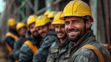 Team of Smiling Construction Workers in Safety Gear at Worksite photo