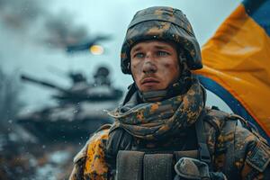 Portrait of a Soldier in Combat Gear with Flag and Tank in Background photo