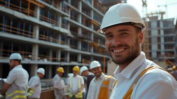 Smiling Construction Engineers on Building Site Collaborating on a Project photo