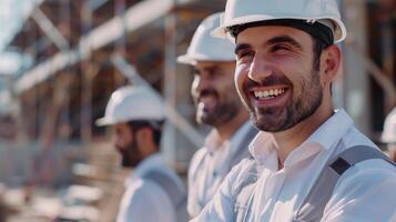 Group of Smiling Construction Engineers in Hard Hats at Building Site photo