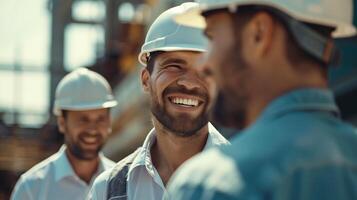 Smiling Construction Engineers Collaborating On Site photo