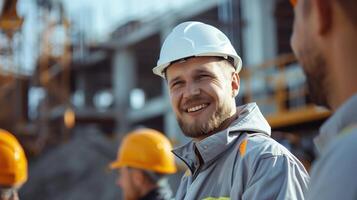 Happy Construction Engineers Smiling and Interacting at a Building Site photo