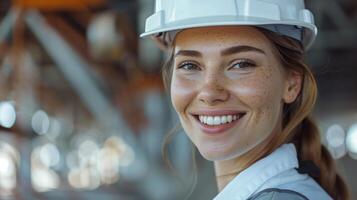 Portrait of a Smiling Female Construction Engineer Wearing a Safety Helmet on Site photo
