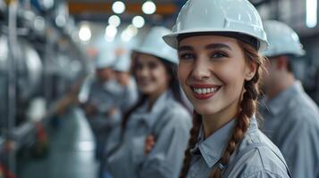 Smiling Team of Factory Workers Wearing Hard Hats in Industrial Setting photo
