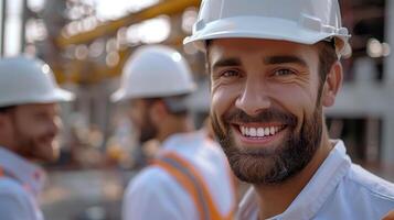 Team of Smiling Construction Engineers Wearing Hard Hats at the Construction Site photo