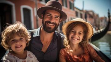 Warm Sunlit Photograph of a Happy Family of Three Enjoying a Gondola Ride in Venice photo