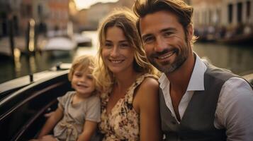 Smiling Family of Three Enjoying a Gondola Ride During Golden Hour photo