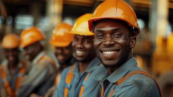 Smiling Construction Workers in Hard Hats on Site Showing Team Spirit and Positivity photo