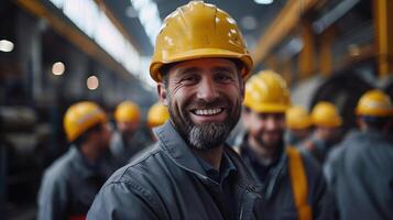 Smiling Construction Workers Wearing Protective Helmets on the Job Site photo