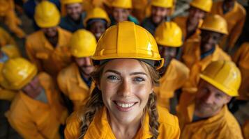 Smiling Construction Workers in Yellow Safety Gear Posing Together photo